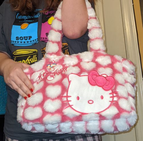 Customer photo review of Pink Heart Kitten Furry Tote Bag