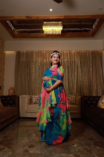 Customer photo review of Vibrant Rainbow Maternity Flow Dress