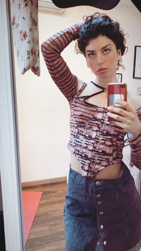 Customer photo review of Hollow out print off shoulder cross ring top