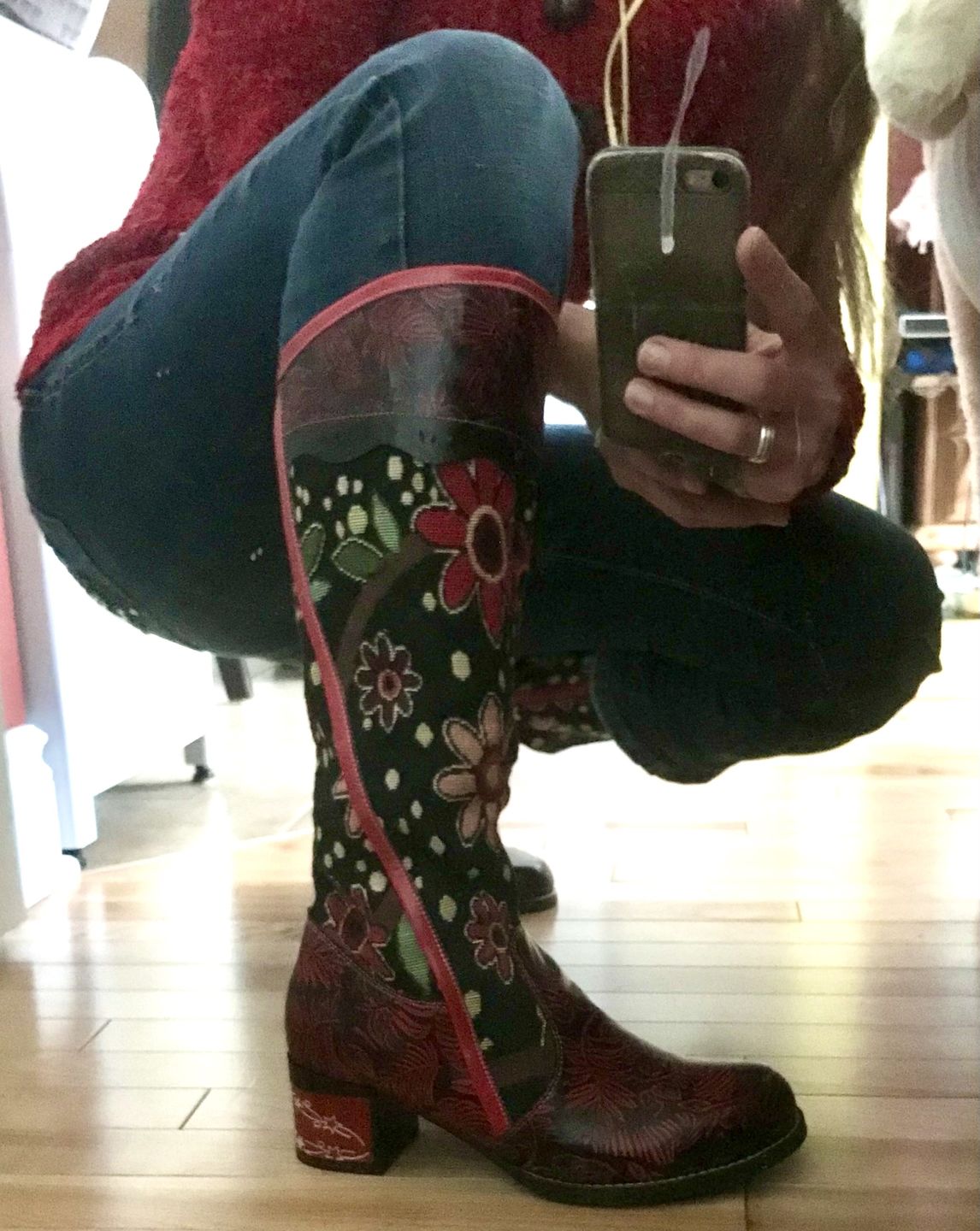 Customer photo review of Bohemian Leather Block Heel Long Boots Exotic Pattern