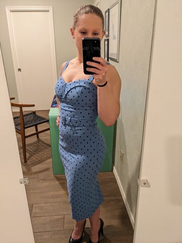 Customer photo review of PRE-ORDER - Maneater Wiggle Dress in Sunset Blue Polka Dot - Vixen by Micheline Pitt