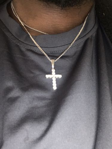 Customer photo review of Moissanite Cross Pendant + 2mm Silver Cuban Chain