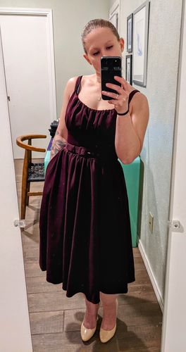 Customer photo review of Ingenue Swing Dress in Eggplant Purple - Vixen by Micheline Pitt