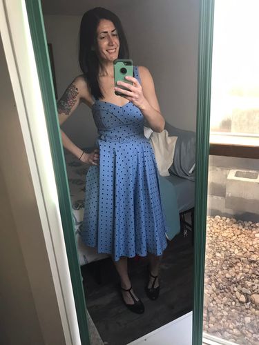 Customer photo review of PRE-ORDER - Maneater Swing Dress in Sunset Blue Polka Dot - Vixen by Micheline Pitt