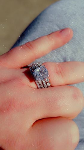 Customer photo review of Louily Gorgeous Cushion Cut 3-Pieces Wedding Set In Sterling Silver