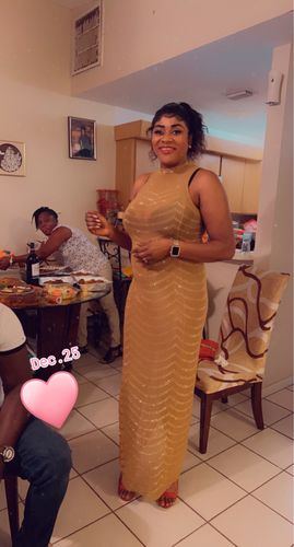 Customer photo review of Rhinestone Party Back Split See-Through Maxi Dress