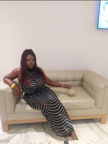 Customer photo review of Rhinestone Party Back Split See-Through Maxi Dress