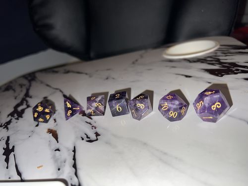 Customer photo review of URWizards D&D Amethyst Gemstone Engraved Dice Set