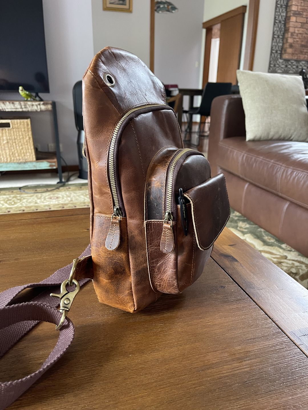Customer photo review of Cowhide Leather Sling Bag