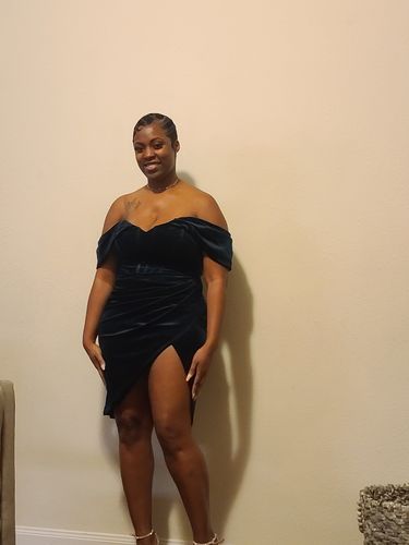 Customer photo review of Solid Color Glamorous Off Shoulder Splited Ruffle Mini Dress