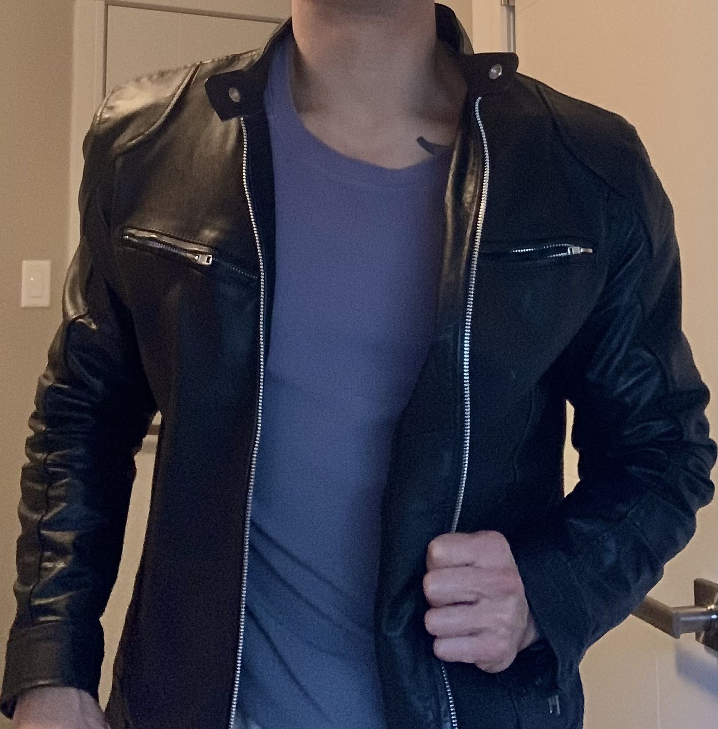 Customer photo review of Black Moto Leather Jacket