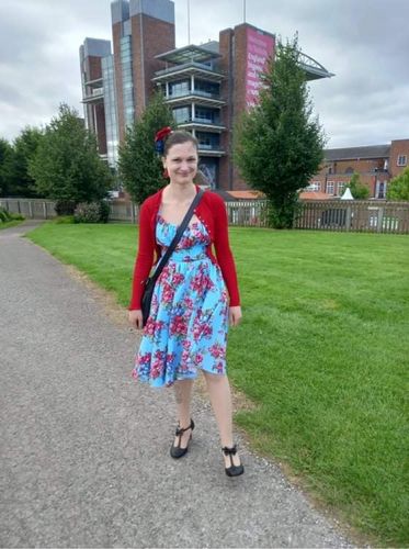 Customer photo review of Ingenue Dress in Vintage Blue and Red Rose Print - Vixen by Micheline Pitt