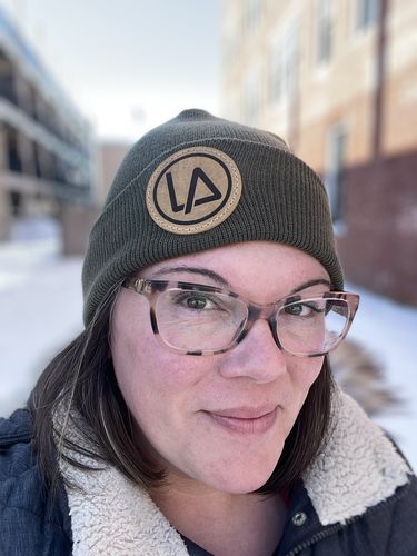 Customer photo review of Richardson Custom Leather Patch Beanie