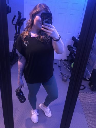 Customer photo review of Salty Savage™ Ladies OG Smile Longline Laser Cut Tee | Black