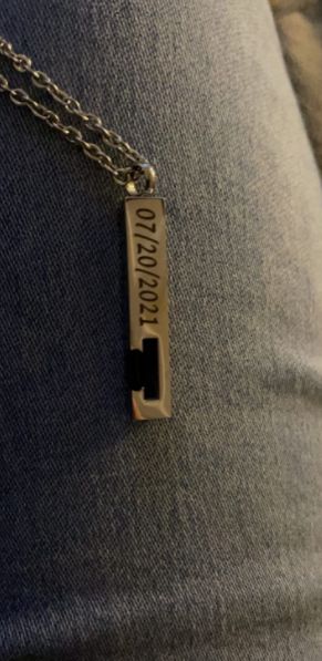 Customer photo review of Fanery Sue Custom Urn Necklace for Ashes Personalized Name Memorial Cremation Jewelry Birthstone Vertical Bar Pendant