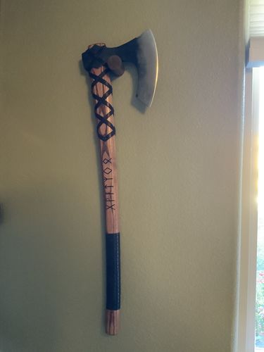Customer photo review of Viking long axe "Ragnar Lodbrok" with carving and leather wrap