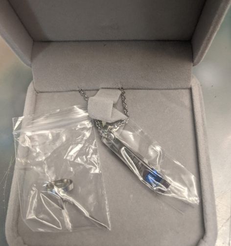 Customer photo review of Fanery Sue Custom Urn Necklace for Ashes Personalized Name Memorial Cremation Jewelry Birthstone Vertical Bar Pendant