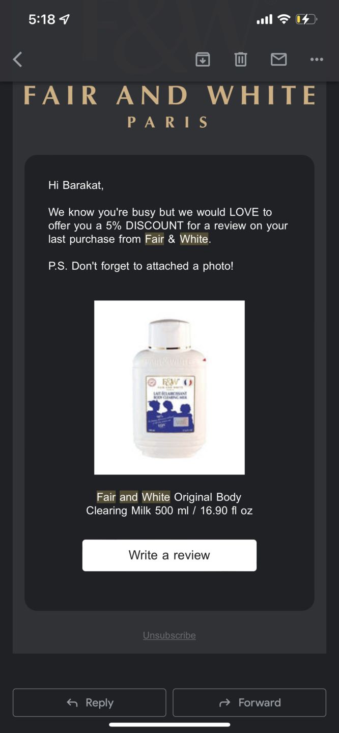 Customer photo review of Fair and White Original Body Clearing Milk Lotion 500 ml / 16.90 fl oz