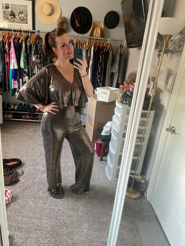 Customer photo review of Joseph Ribkoff Black/Gold Sequined Cape Overlay Wide-Leg Jumpsuit 214000 NEW