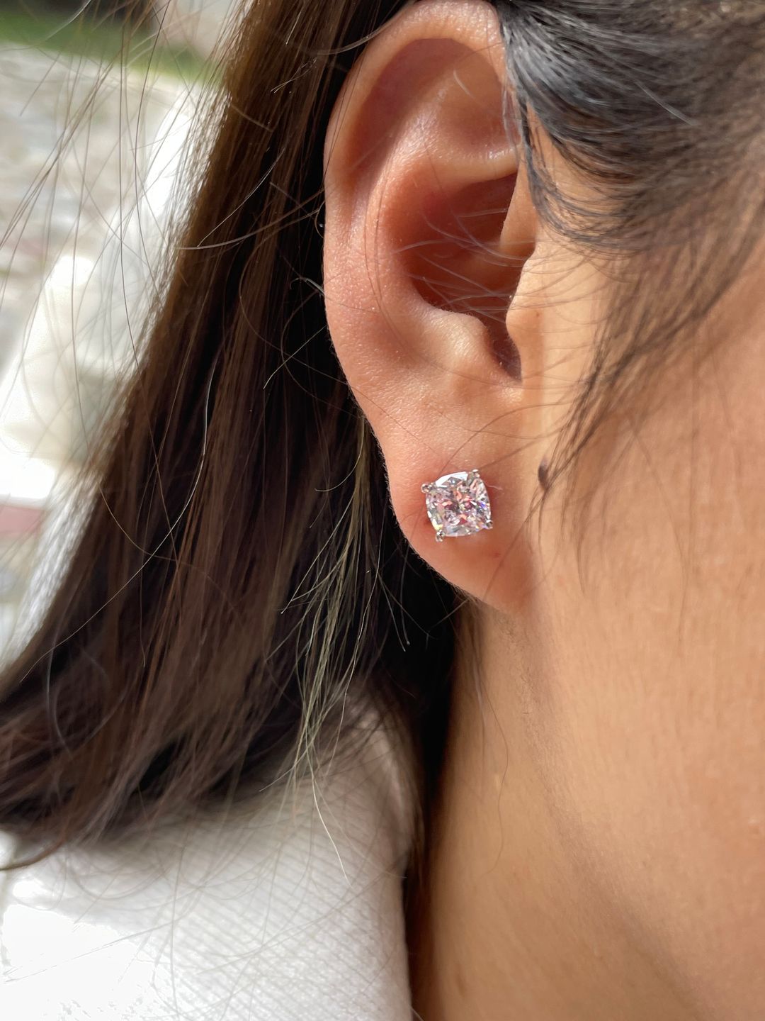 Customer photo review of Louily 1.5 CT Cushion Cut Sterling Silver Women's Stud Earrings