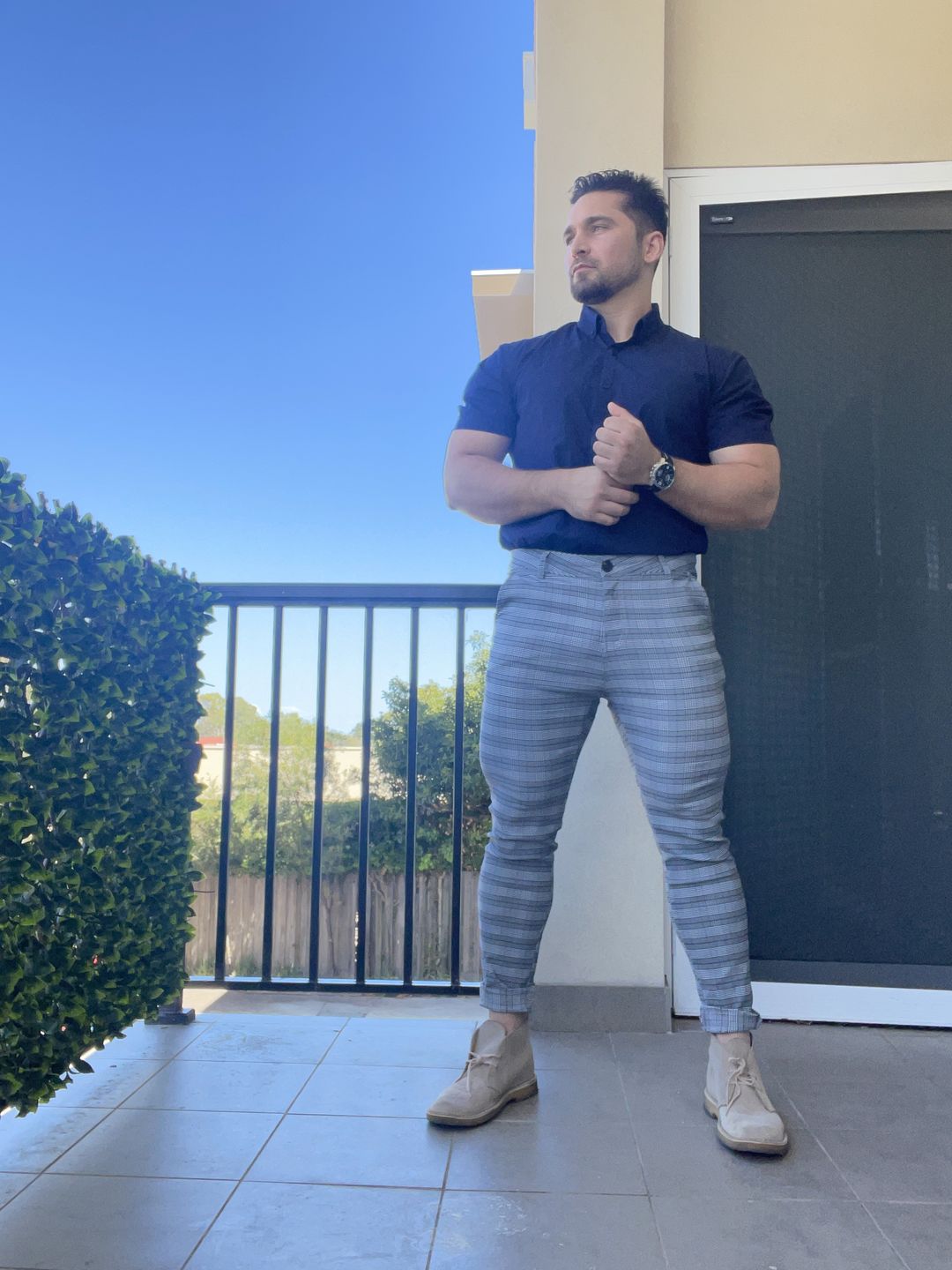 Customer photo review of Ultra Stretch Chino Pants - Skinny Fit - Grey Plaid