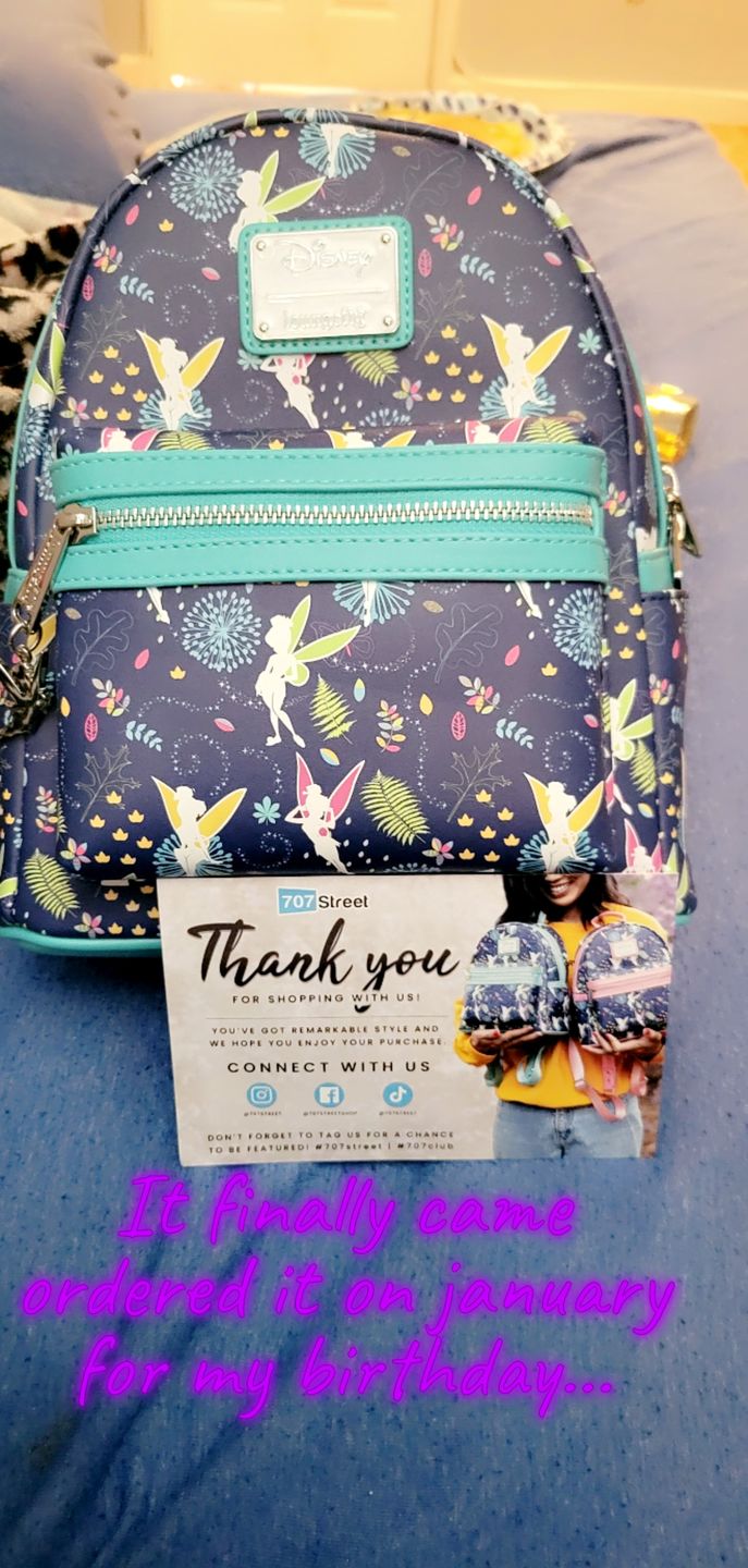 Customer photo review of 707 Street Exclusive - Disney Tinkerbell Glow in the Dark Allover Print Mini Backpack w/ Teal Straps - December Preorder
