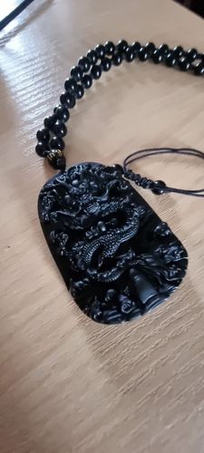Customer photo review of Black Obsidian Dragon Wealth Pendant Bead Necklace