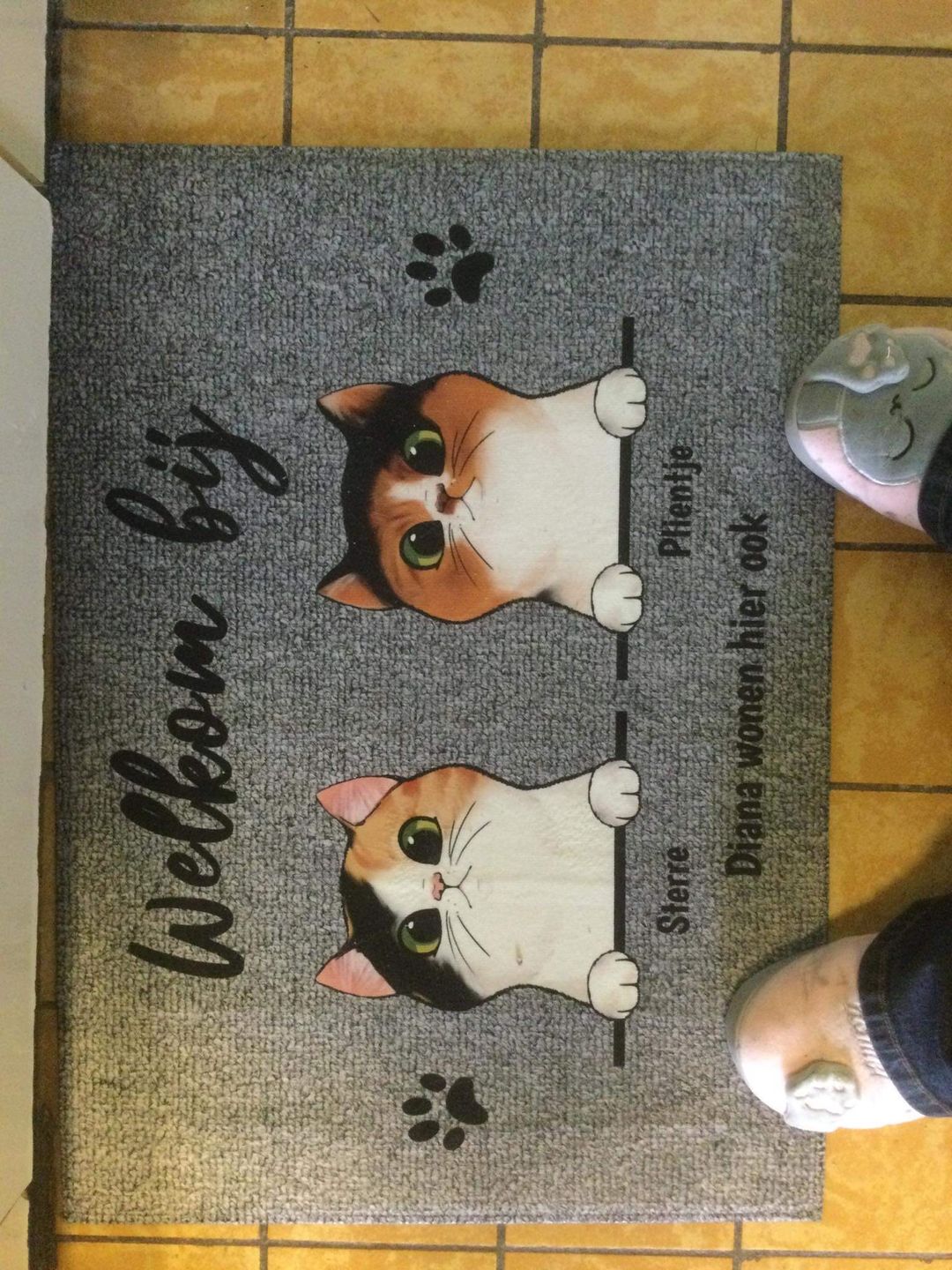 Customer photo review of Welkom bij nieuwsgierige katten - Gepersonaliseerde deurmat