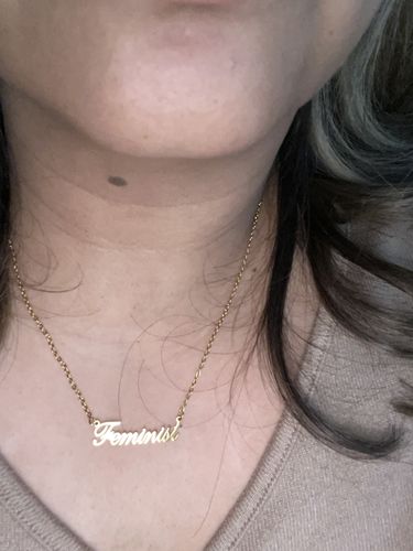 Customer photo review of Feminist Script Necklace (Gold)