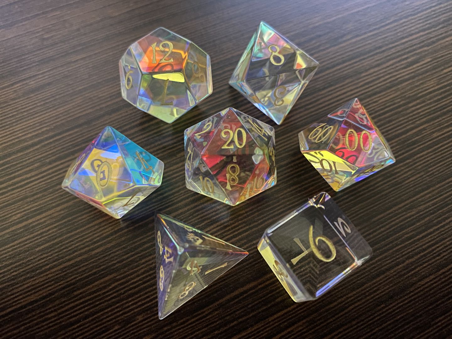 Customer photo review of URWizards D&D Dichroic Prism Glass Gemstone Engraved Dice Set
