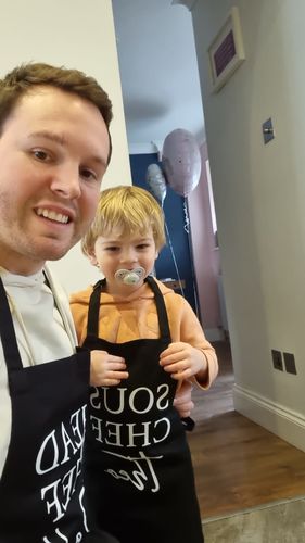 Customer photo review of Personalised Daddy & Sous Chef Matching Aprons (MRK X)