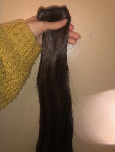 Customer photo review of Hand Tied Weft Raw European Custom Human Hair Extensions Double Drawn Brown Color