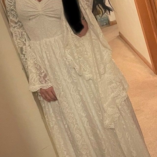 Customer photo review of Bohemian Ivory sweetheart wedding dress  with bell sleeves  1362