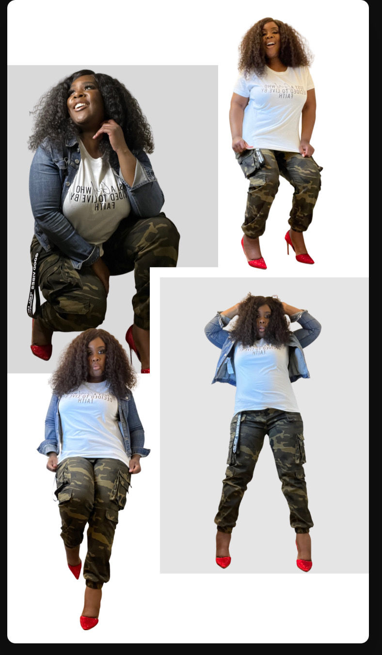 Customer photo review of Just A Girl Living By Faith T-Shirt - White
