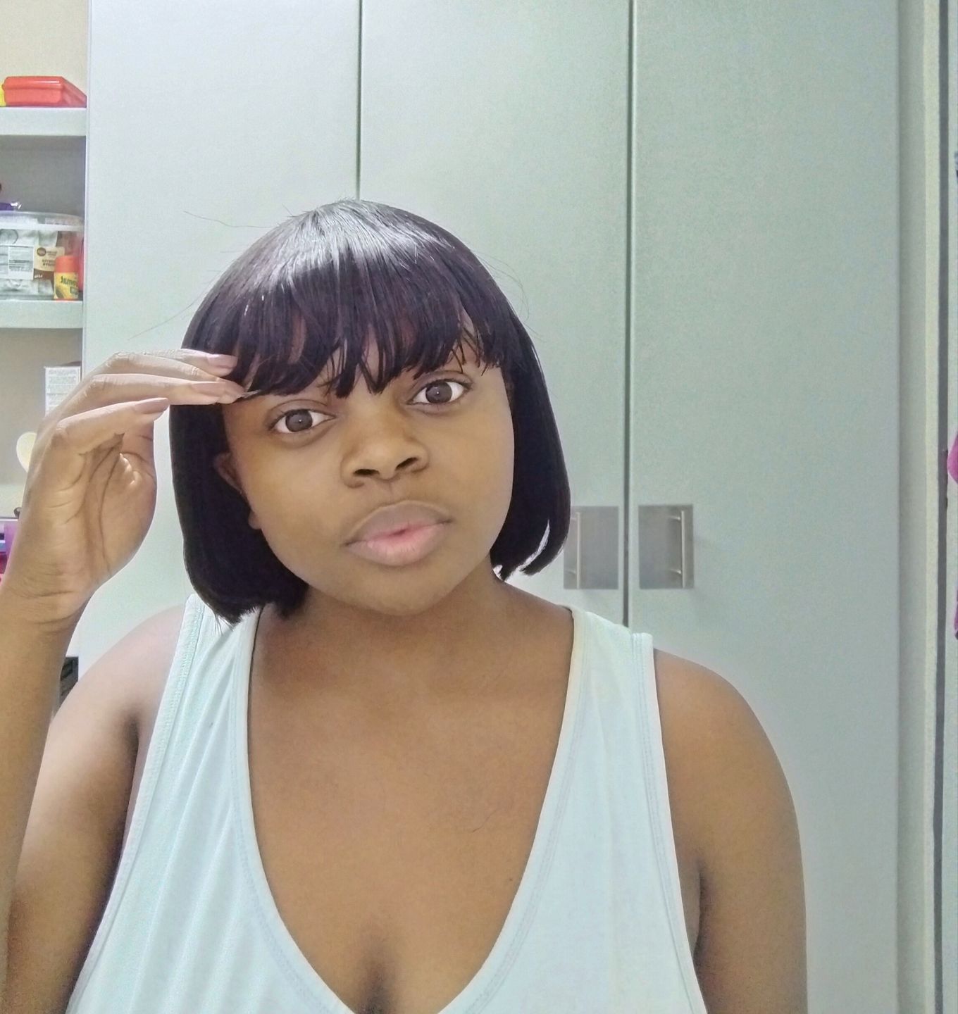 Customer photo review of Brazilian Blush Bob 12" & Straight Fringe Bob 8" Combo