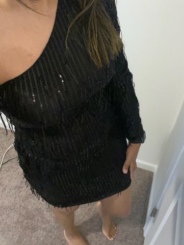 Customer photo review of Sequined Tassels One Shoulder Unique Mini Dress