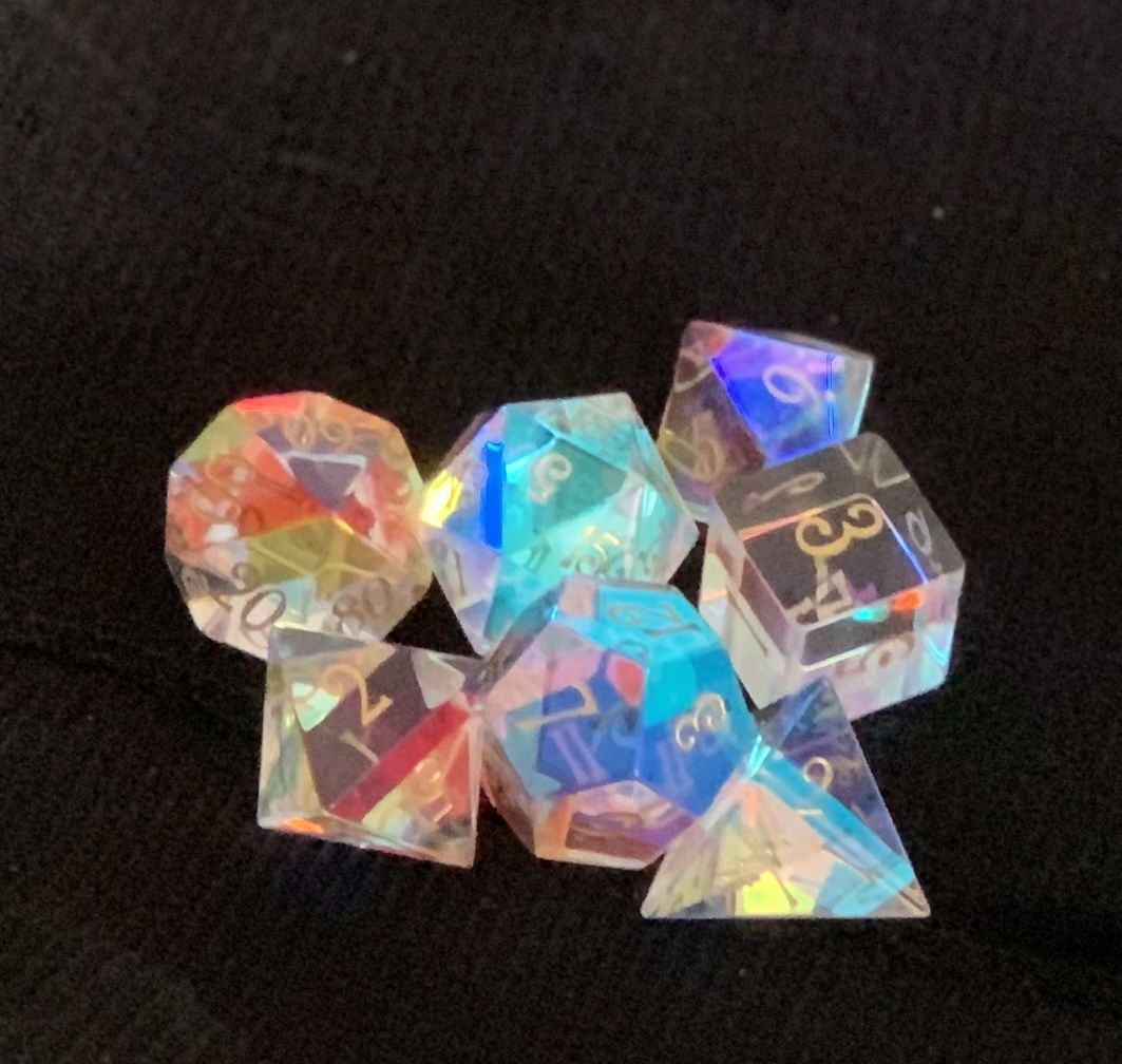 Customer photo review of URWizards D&D Dichroic Prism Glass Gemstone Engraved Dice Set