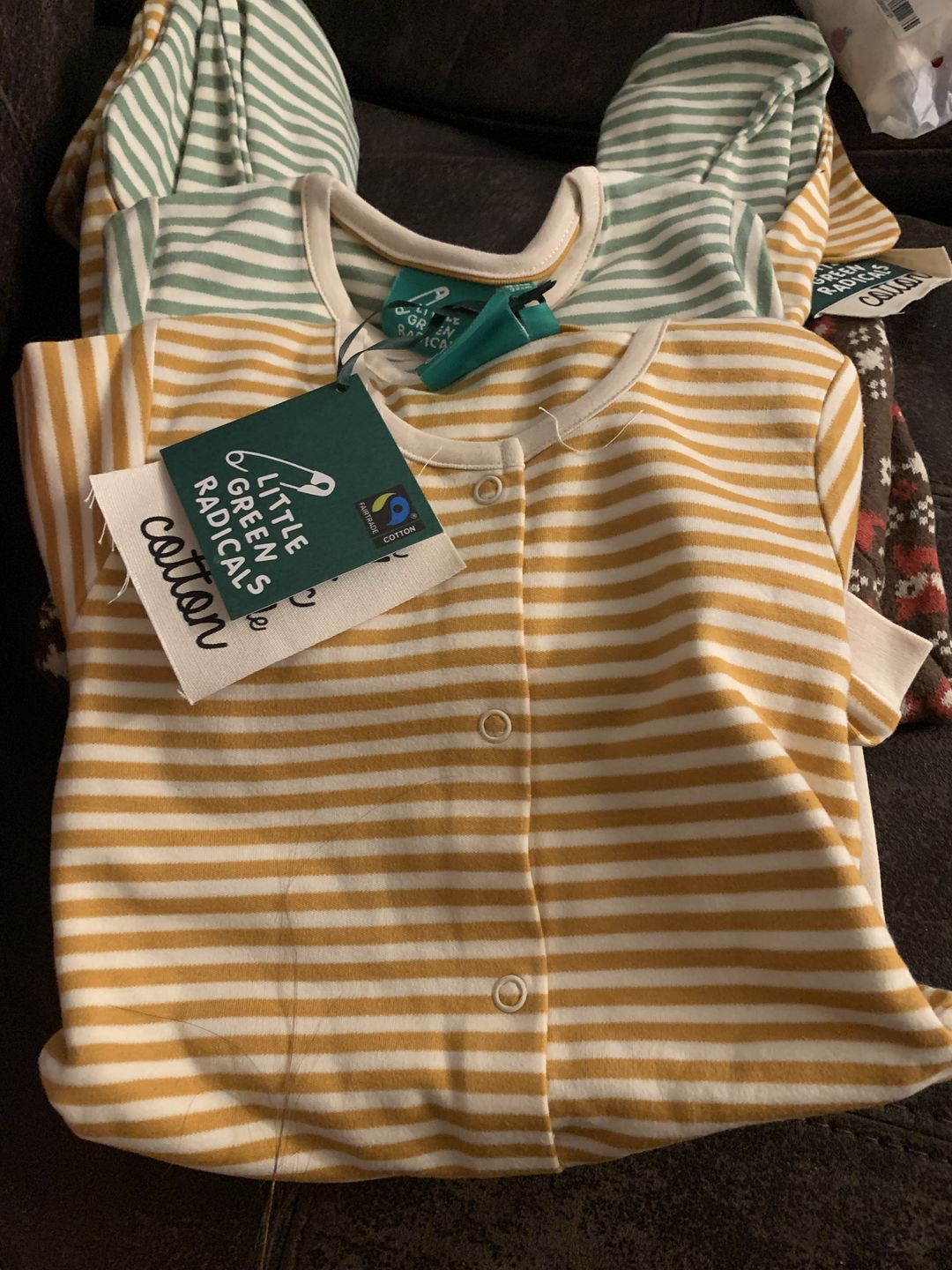 Customer photo review of Gold & Green Striped Organic Babygrow Set - 2 Pack