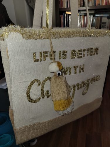Customer photo review of Champagne Forever Tote-Hand Beaded Jute Tote For Women