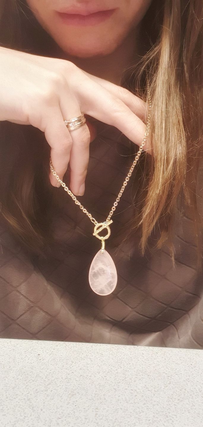 Customer photo review of Natural Rose Quartz Teardrop Pendant Gold Necklace