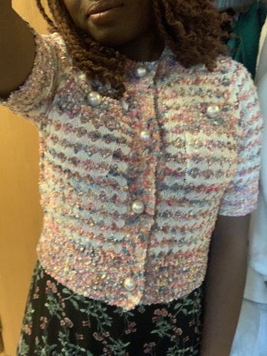 Customer photo review of Multicolor Contrast Trim Faux Pearl Button Tweed Cardigan