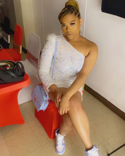 Customer photo review of Sequined Party Fluff Shoulder Mini Dress