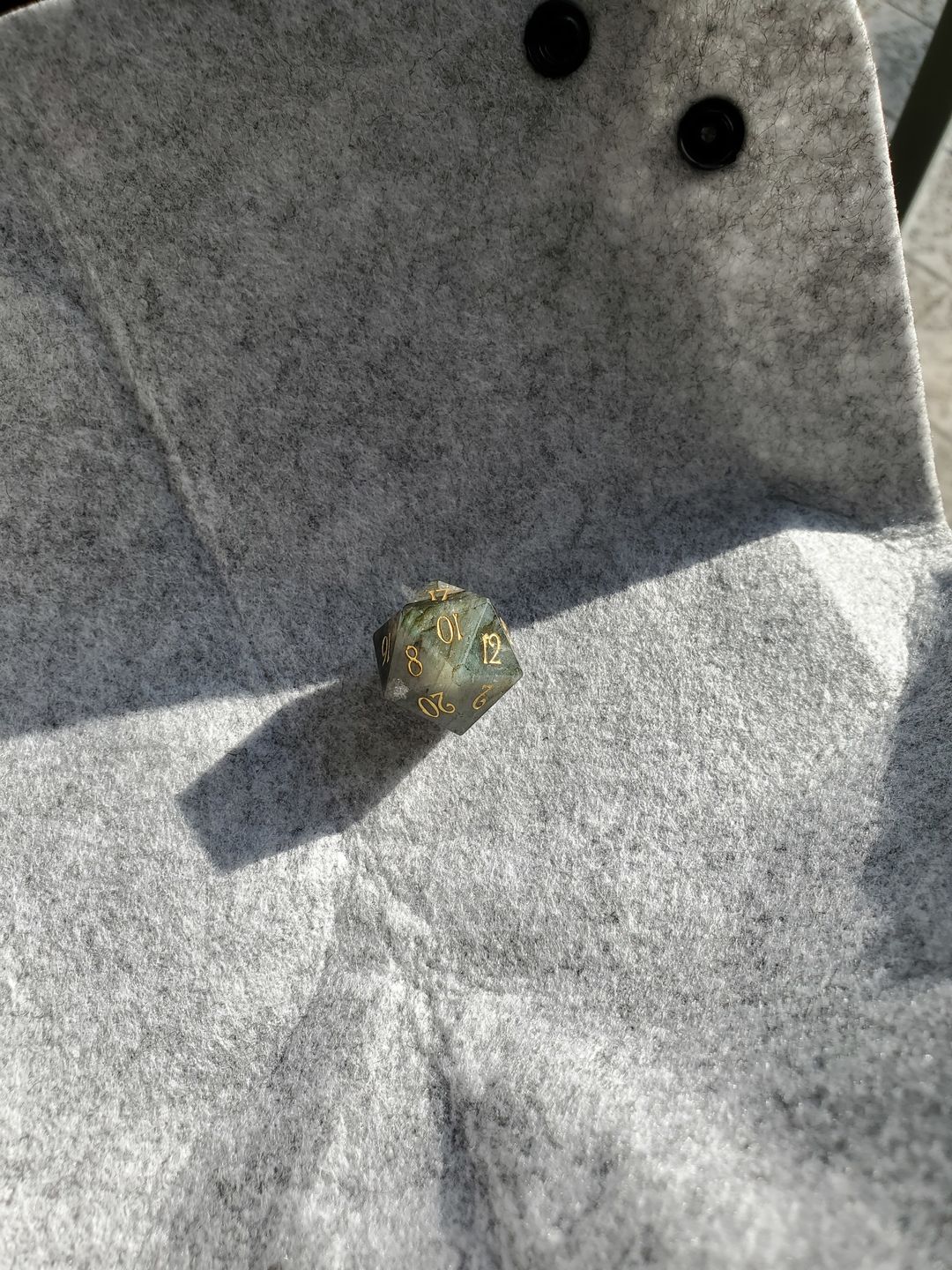 Customer photo review of URWizards D&D Labradorite Gemstone Engraved Dice Set