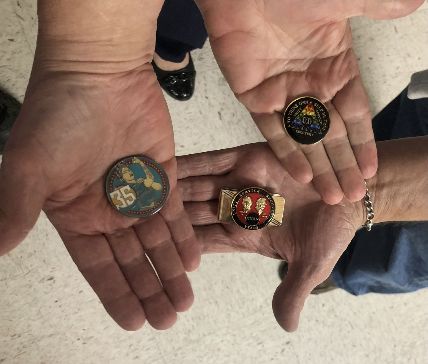 Customer photo review of Rosie Recovery Strength 35 Year AA/NA Medallion - Tri-Plate Thirty-Five Year Chip/Coin