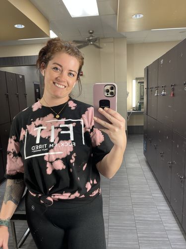 Customer photo review of Salty Savage™ Unisex "FIT FUCK, I'M TIRED" Oversized Tall Crew Tee | Pink/Black Tie Dye