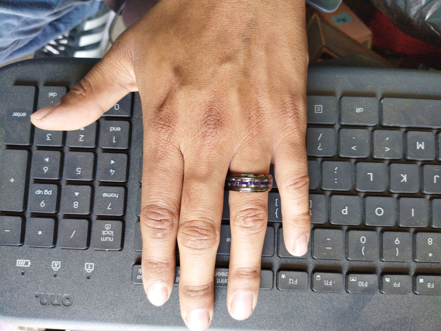 Customer photo review of 8mm - Tungsten Gunmetal wedding Rings, Carbon Fiber W/ Purple Wood Wedding Band