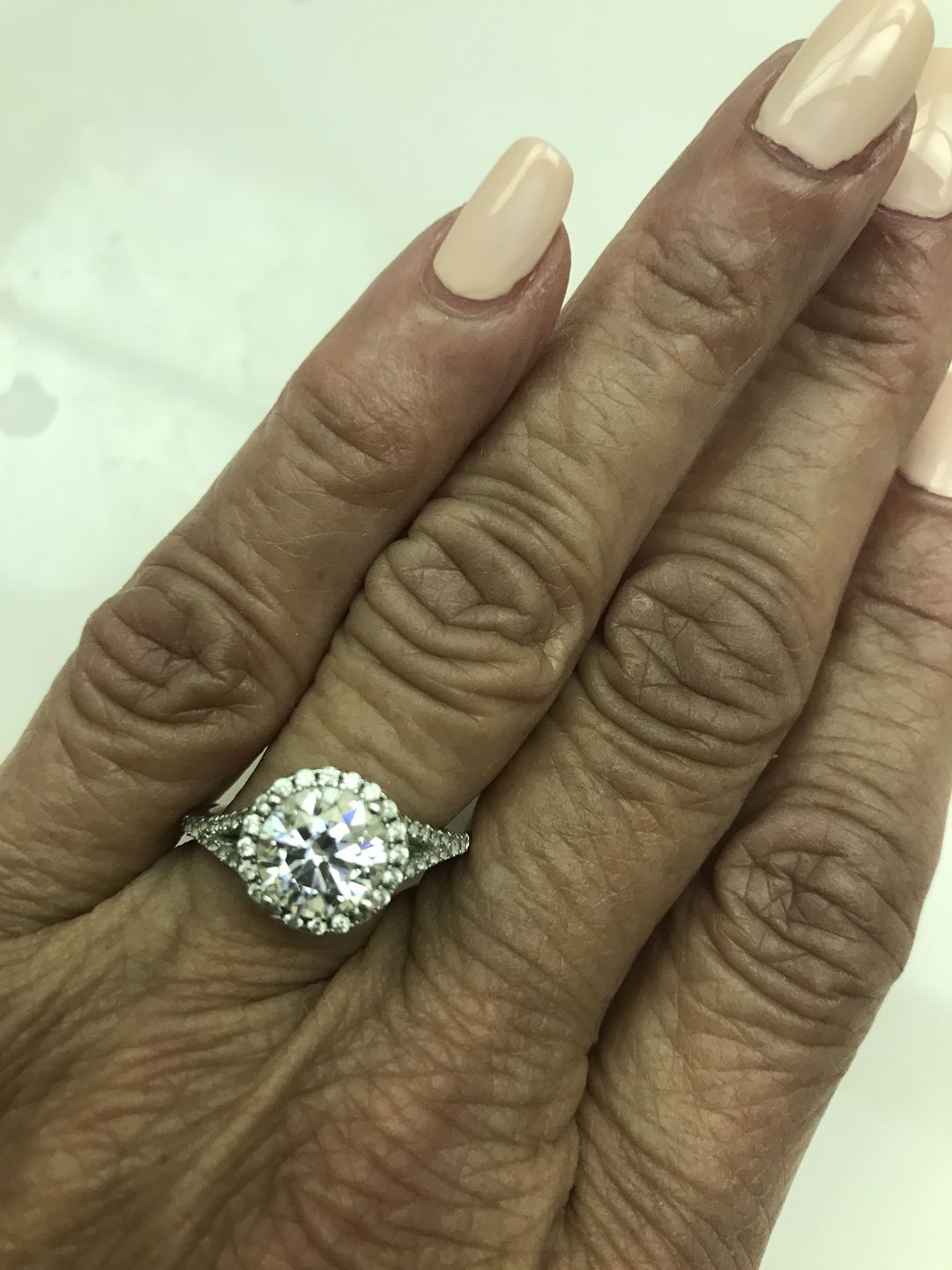 Customer photo review of Round Moissanite Split Shank Halo Pave Sterling Silver Wedding Ring