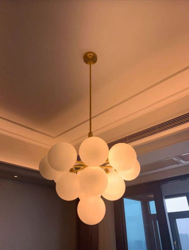 Customer photo review of 5/13 Light Opal Glass Bubble Grape Brass Chandelier