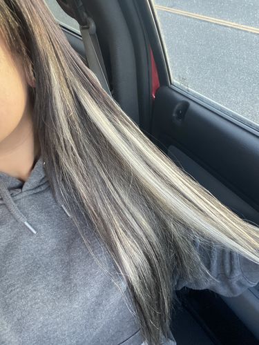 Customer photo review of Full Shine Tape in Hair Extensions Remy Human Hair Balayage Highlights (#1B/Silver/1B)