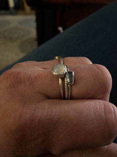Customer photo review of Moonstone and Aquamarine Ring Stacking Set Sterling Silver